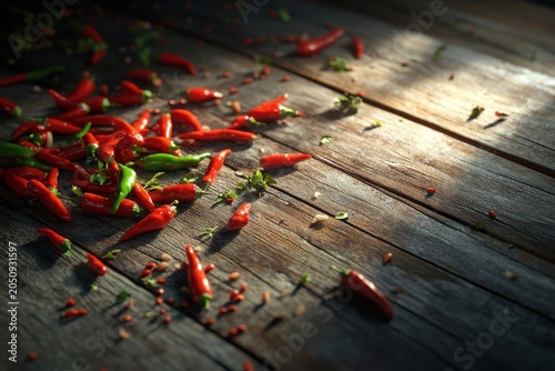 A vibrant assortment of red and green chili peppers scattered on a rustic wooden surface, showcasing their rich colors.