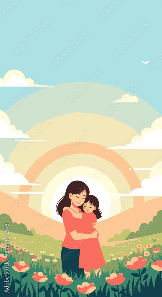 Fototapeta premium happy mother and child in flower field with rainbow