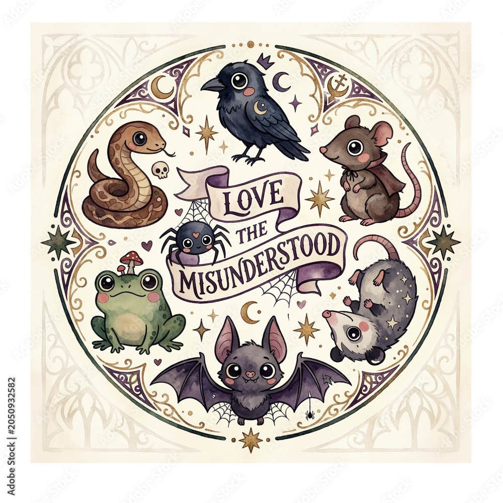 Obraz premium Cute animals in a round design with a message about love for misunderstood creatures