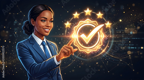 Professional woman touching a glowing fivestar quality assurance and customer satisfaction symbol
