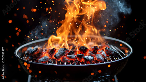 Close-up of a portable barbecue grill filled with glowing hot charcoal embers and vibrant flames.