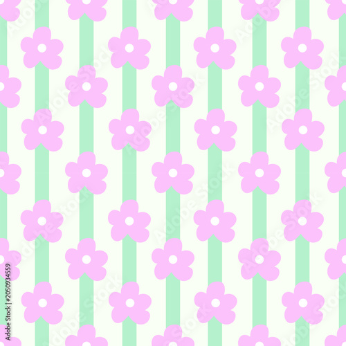 Pink Flower and Green Striped Seamless Pattern