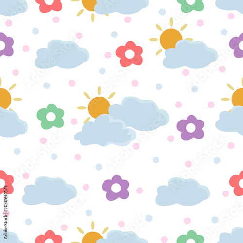 Seamless Vector Pattern with Clouds, Suns, and Flowers