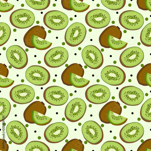 Seamless Kiwi Fruit Pattern with Slices and Whole Fruit
