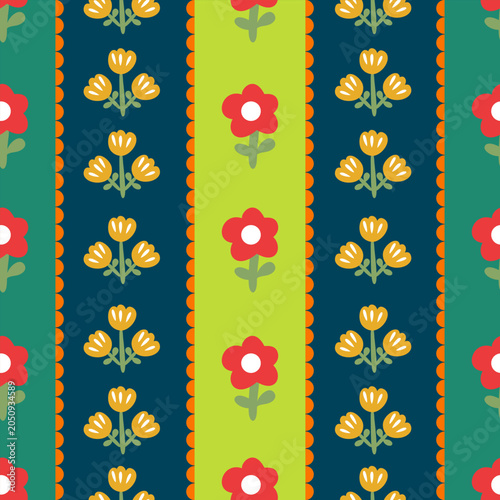 Folk Art Floral Vertical Stripes Seamless Pattern