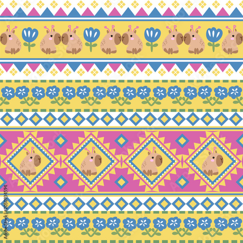 Cute Capybara and Flower Folk Art Seamless Pattern