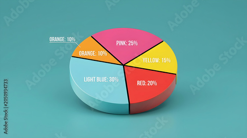 3d pie chart with five unequal colorful segments showing percentage data on a teal background