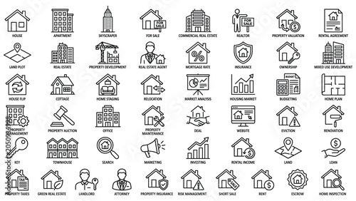 Black line icons of real estate and property management concepts on transparent background