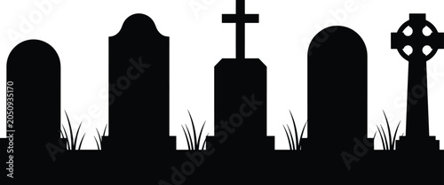 Fotografía Spooky Cemetery Tombstone and Burial Cross Silhouette Vector Set, Modern Gothic Headstone Icons, Minimalist Haunted Crypt Timber Graphics