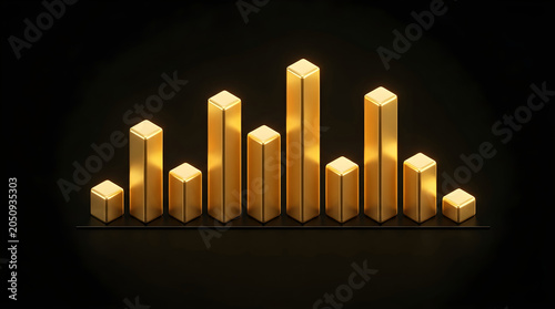 A series of golden rectangular bars of varying heights arranged as a bar graph against a dark background