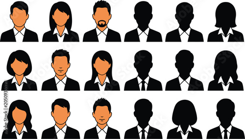 Corporate profile silhouettes and headshots flat vector illustration