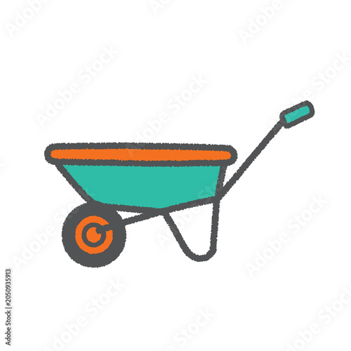 Simple Cartoon Wheelbarrow Illustration with Teal Tray and Orange Rim.