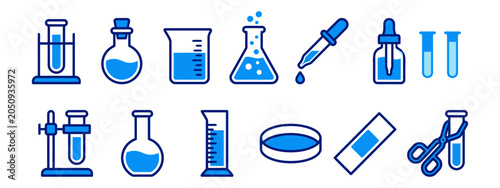 Chemistry lab equipment icon set with test tube beaker and pipette for science research.