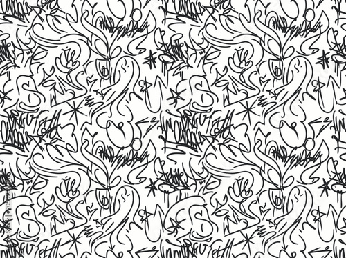 Abstract graffiti art seamless pattern black and white.