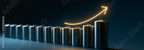 A row of cylindrical battery cells with a glowing upward arrow represents the expansion of the battery market and investment patterns.