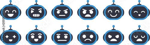 AI Chatbot Robot Face Symbols Featuring Happy, Sad and Expressive Assistant Character Emotions Vector