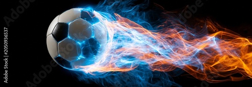 A soccer ball emits power streams of blue and orange energy.