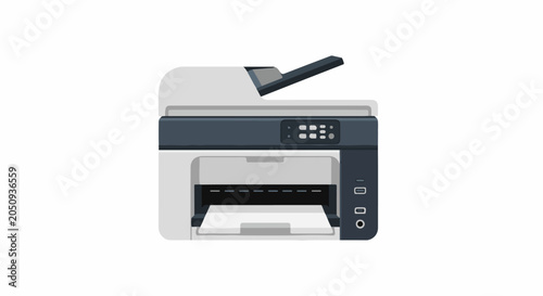 A modern, gray and dark blue multifunction printer with its lid open, ready for scanning