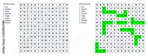 Filword,word search activity,Word Search Puzzle,Hidden word puzzle, Puzzle for kids. Word search puzzle with highlighted words on grid layout  