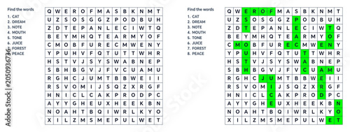 Filword,word search activity,Word Search Puzzle,Hidden word puzzle, Puzzle for kids. Word search puzzle with highlighted words and list of terms  