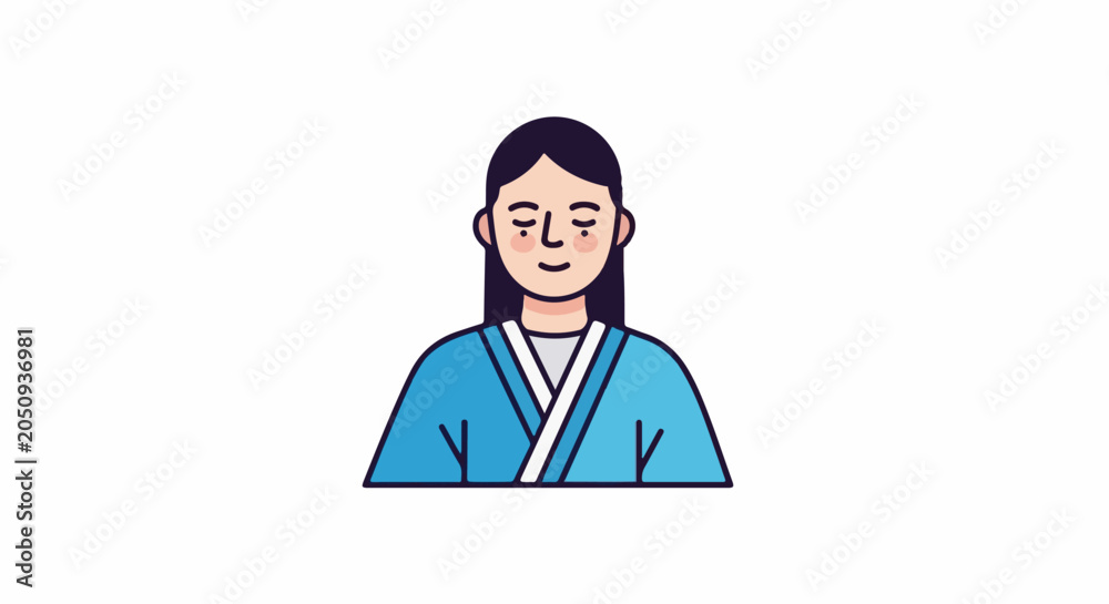 Fototapeta premium Stylized depiction of a serene person in traditional blue attire, with dark hair