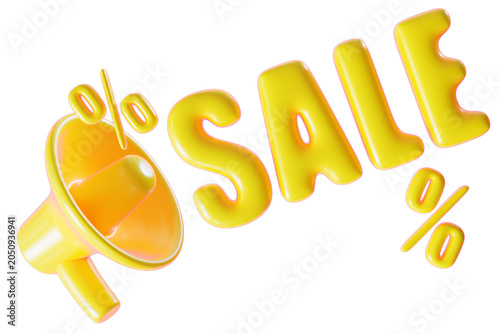 Obraz na plátně The scene shows a 3D yellow sale text next to a megaphone on a clear background