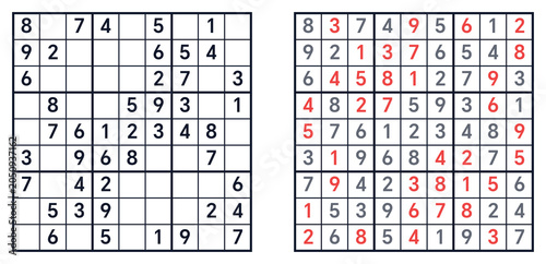 Sudoku,sudoku classic,sudoku easy,sudoku classic hard, sudoku with answers.sudoku puzzles,sudoku for kids, sudoku logic puzzle. Sudoku puzzle grid example with completed solution on right side  