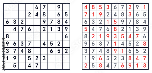 Sudoku,sudoku classic,sudoku easy,sudoku classic hard, sudoku with answers.sudoku puzzles,sudoku for kids, sudoku logic puzzle. Sudoku puzzle grid with solved and unsolved sections  