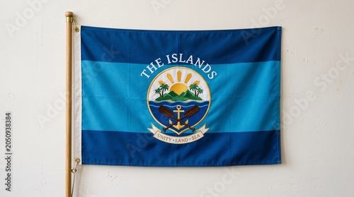 Island unity flag with blue stripes, rising sun over green islands, golden anchor, and banner “Unity and Strength,” design symbolizes maritime heritage, solidarity, and resilience.