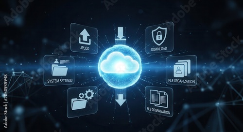 Glowing cloud icon surrounded by digital security and data management symbols. Representing secure cloud computing and information protection.