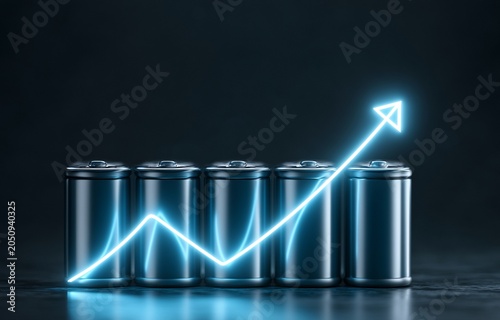 A row of cylindrical battery cells with a glowing upward arrow represents the expansion of the battery market and investment patterns.