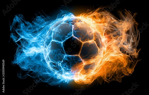 A soccer ball emits power streams of blue and orange energy.