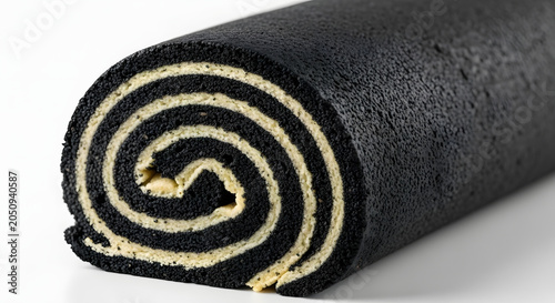 Taiwanese steamed black sesame rolls against clean white background. Popular Asian 80s snack and sometimes called as 