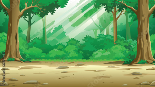 Bild auf Leinwand Lush forest scene with green foliage and sunbeams vector illustration