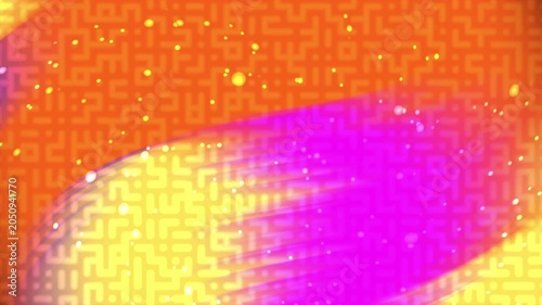 Abstract vibrant background with geometric maze pattern and glowing particles in orange and magenta.