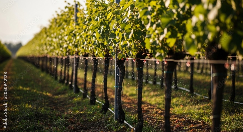 Fototapeta premium Automated Drip Irrigation System Watering Rows of Lush Grapevines in a Sun-Drenched Vineyard