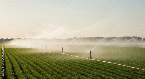 Automated agricultural sprinklers efficiently watering a vast green field under hazy daylight