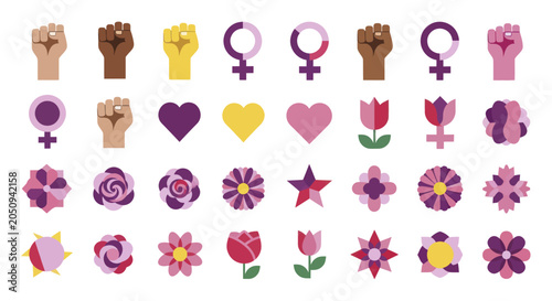 Collection of Feminist Symbols and Flowers.
