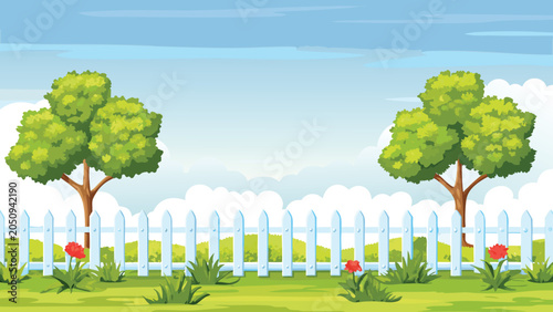 Foto Garden scene with trees white picket fence and red flowers
