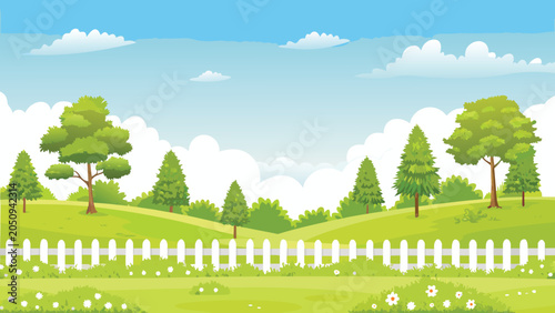 Obraz na płótnie Lush garden scene with trees grass and a white picket fence