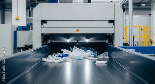 Automated optical sorting system processing plastic waste on a conveyor belt in a modern industrial facility, showcasing advanced recycling technology.