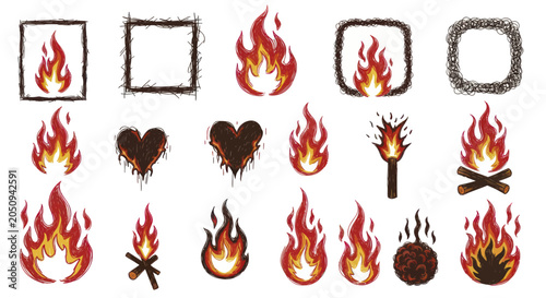 Tablou pe pânză Collection of Fire Elements and Flames Various Shapes and Forms.