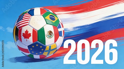  is a digital illustration featuring a soccer ball composed of various national flags, set against a vibrant blue sky background. The flags include those of the United States, Canada, Brazil, Mexico, 