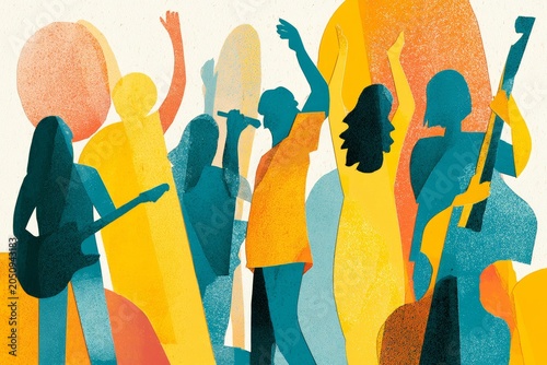 Vibrant abstract illustration of people dancing at a lively music festival or concert party