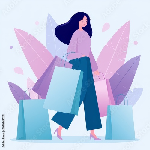 Modern Woman Shopping Bags surrounded by Abstract Pink Leaves Illustration