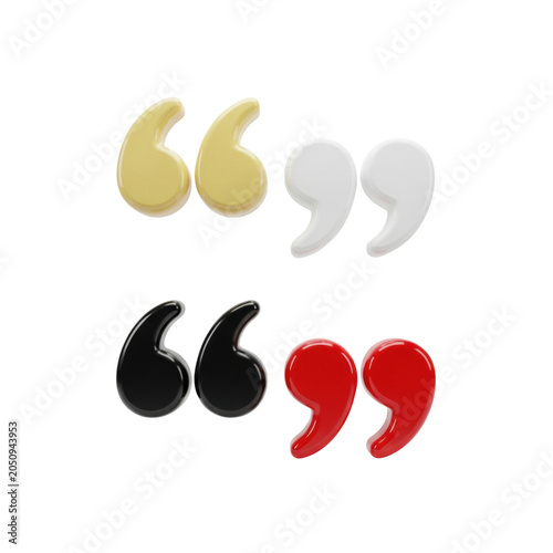 Four polished ceramic 3d quotation marks in yellow white black and red in a symmetrical 2x2 grid on a white studio backdrop modern graphic design concept