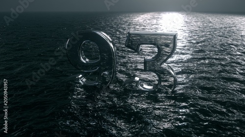 Dramatic numbers 93 submerged in deep oceanic waves with strong sun reflection