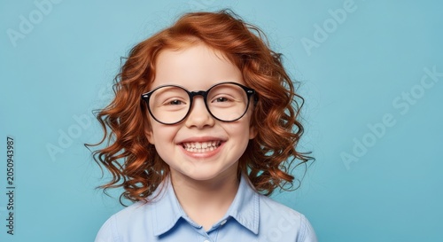 Bright back to school smiling redheaded child with glasses ready for education and learning