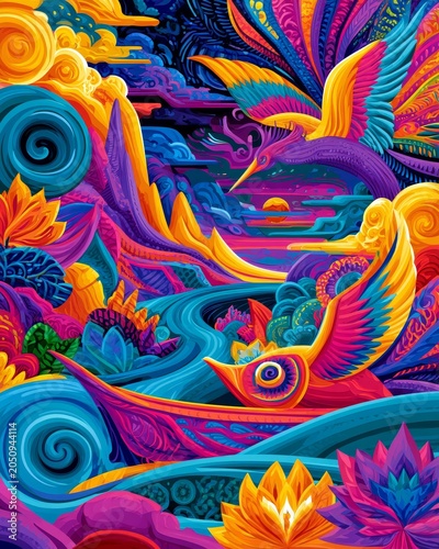 Psychedelic Fantasy Art: Mythical Bird Journey in Vibrant Flowing Dreamscape