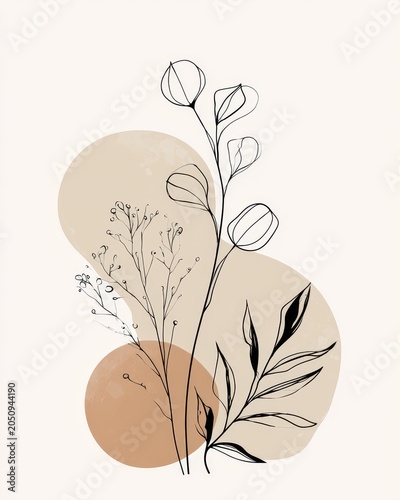 Elegant botanical wreath illustration, minimalist line art floral elements for design